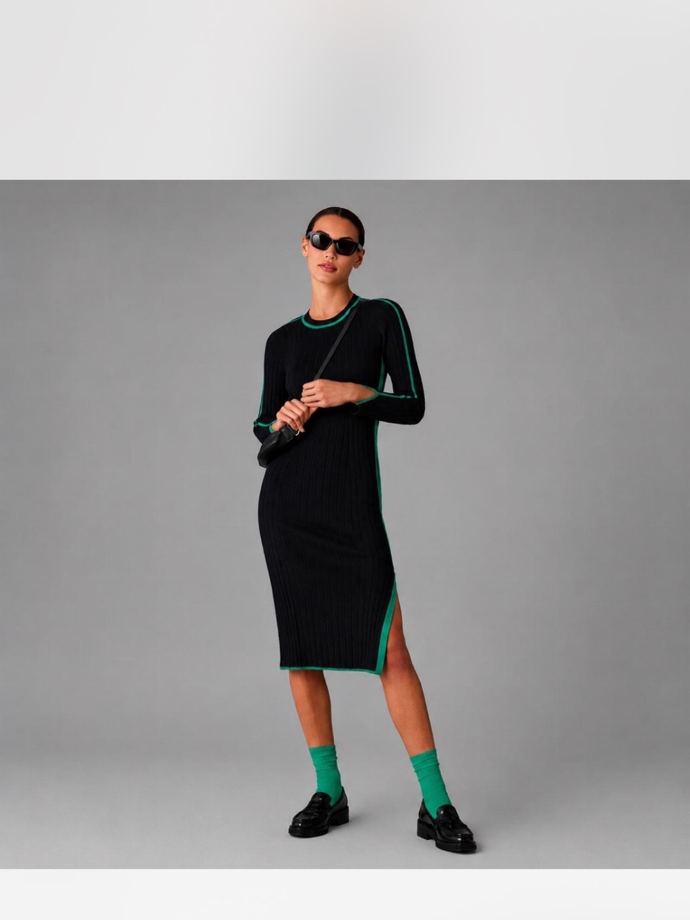 Black Ribbed Midi Dress with Green Trim - Women's Dress